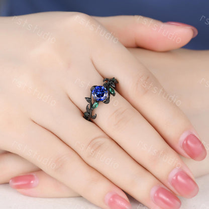 Vintage Blue Sapphire Couples Ring Set: Black Gold Wedding Bands