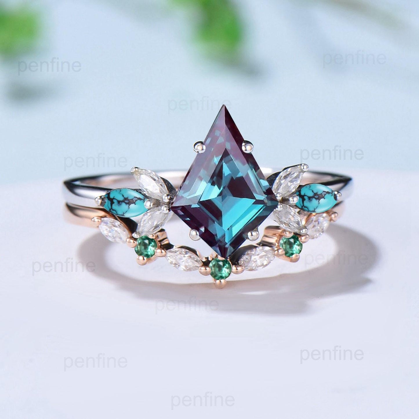 Vintage Kite cut alexandrite engagement ring set art deco marquise turquoise bridal wedding ring set women emerald anniversary stacking ring - PENFINE