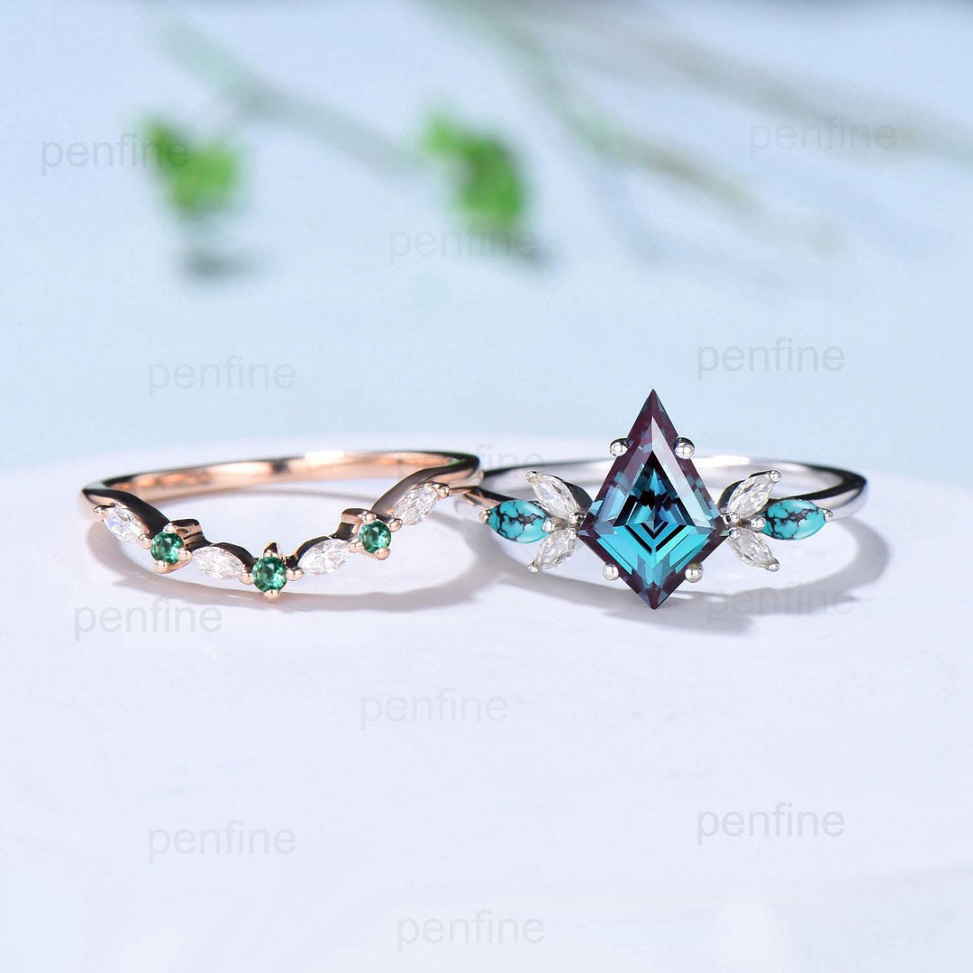 Vintage Kite cut alexandrite engagement ring set art deco marquise turquoise bridal wedding ring set women emerald anniversary stacking ring - PENFINE