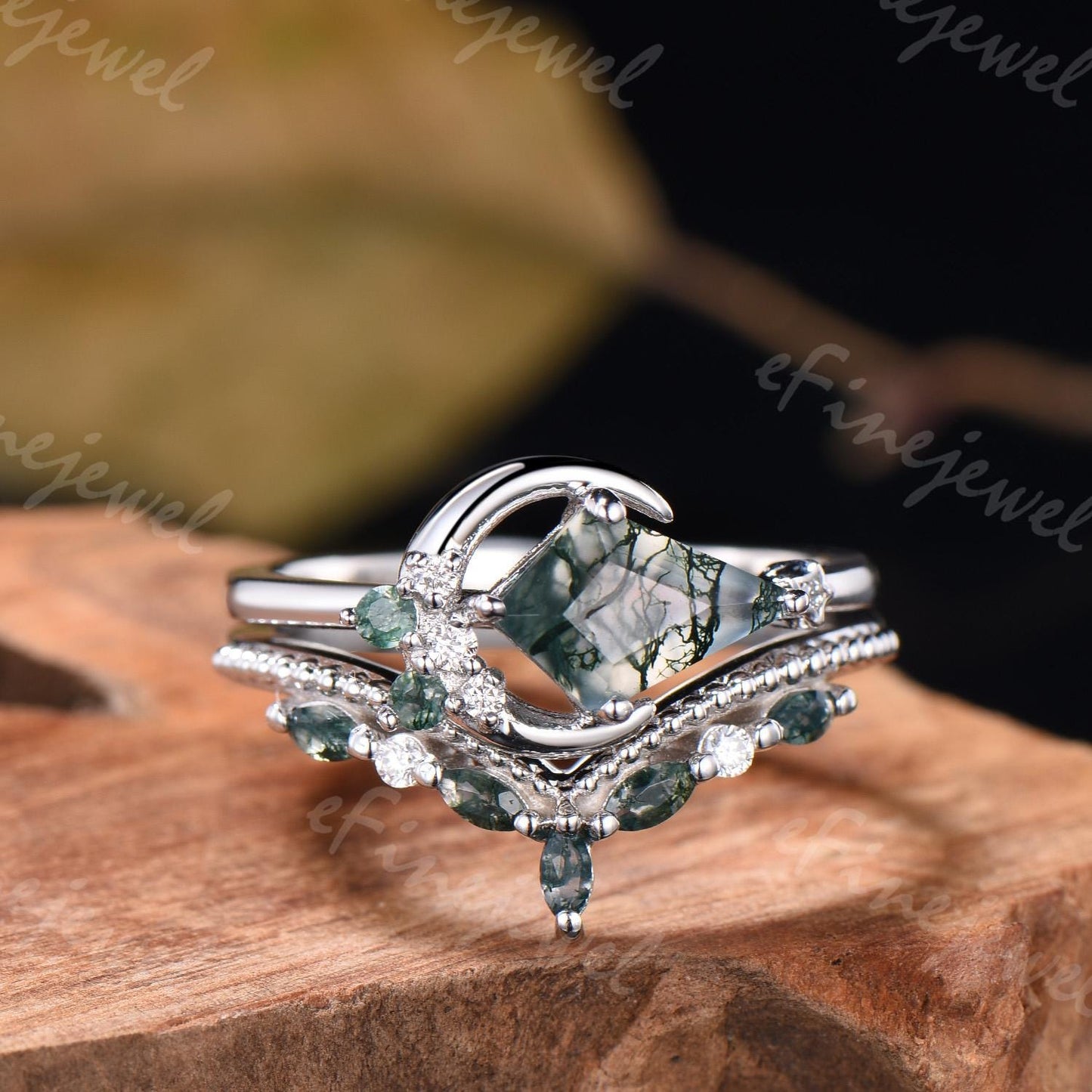 Kite Cut Moss Agate Ring Set: White Gold Moon Engagement Ring