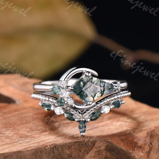 Kite Cut Moss Agate Ring Set: White Gold Moon Engagement Ring