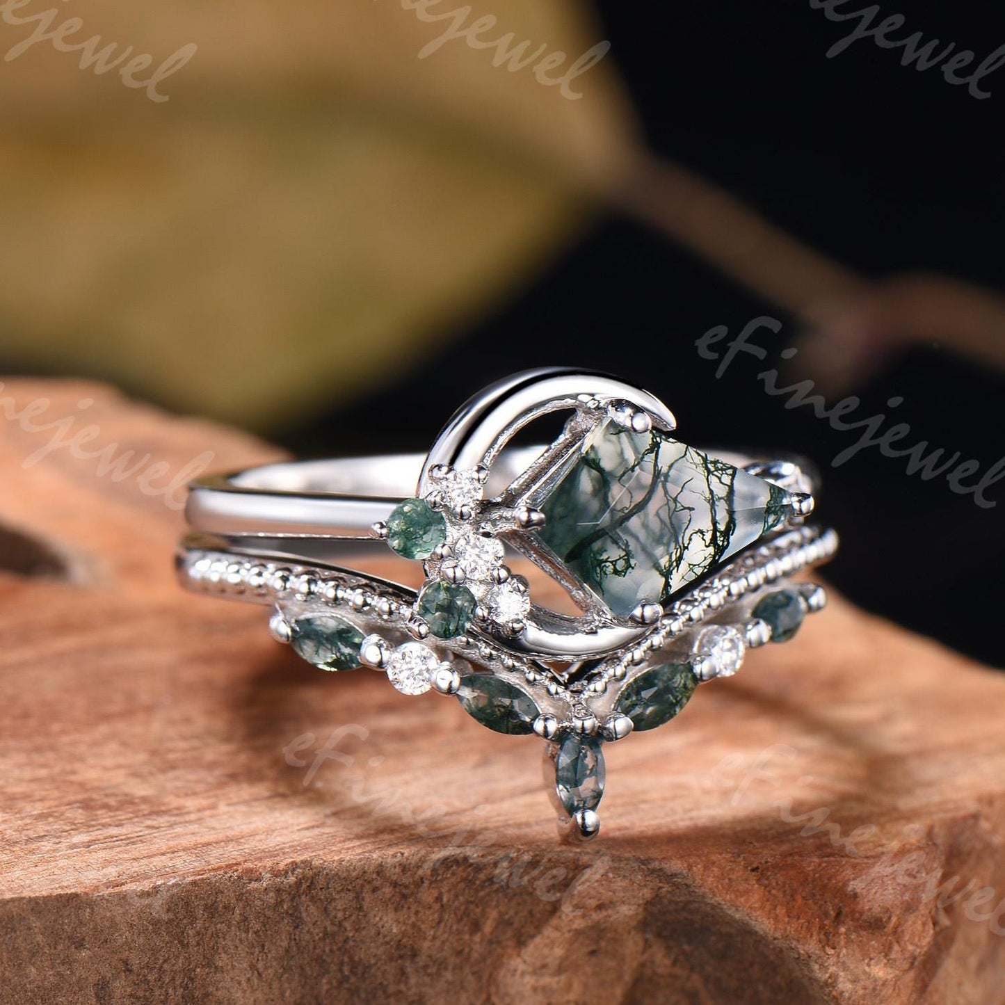 Kite Cut Moss Agate Ring Set: White Gold Moon Engagement Ring