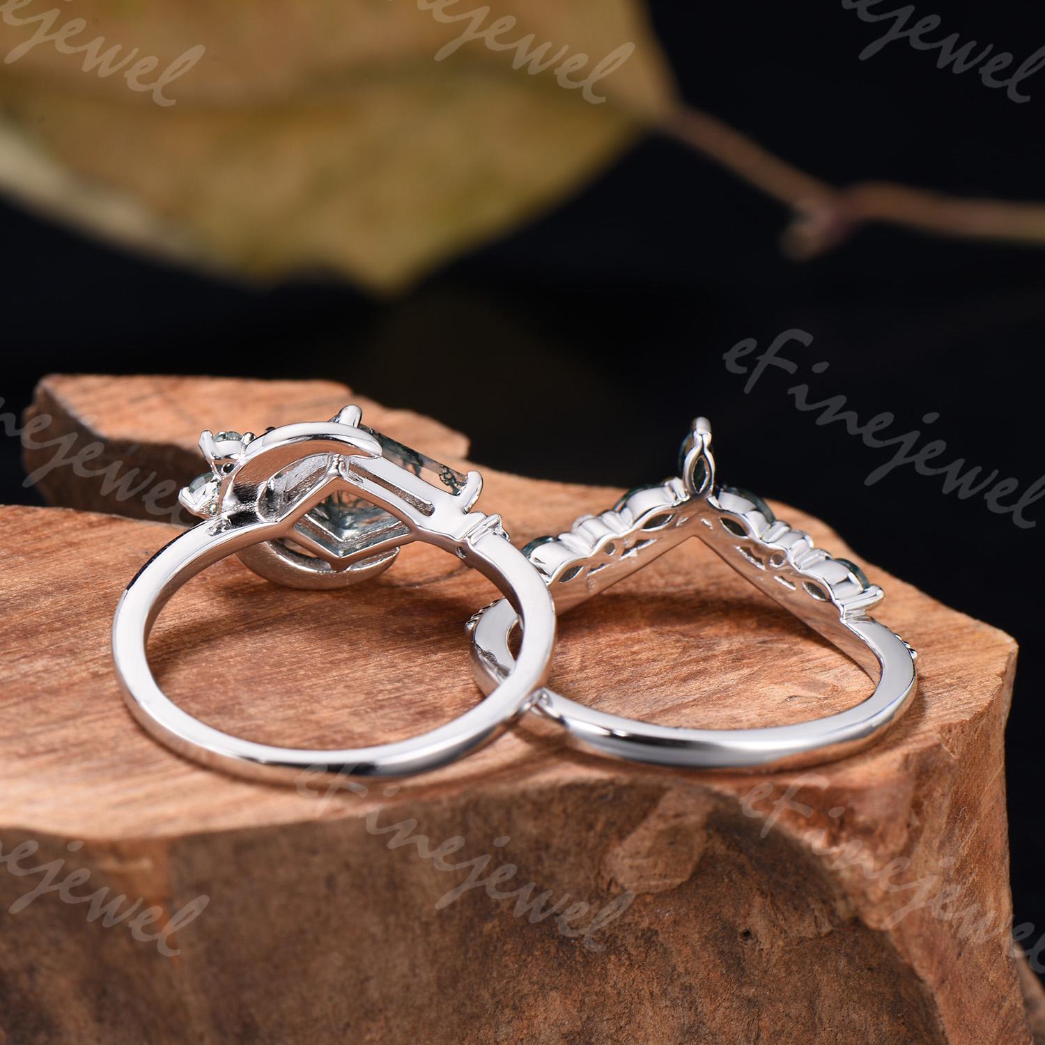 Kite Cut Moss Agate Ring Set: White Gold Moon Engagement Ring
