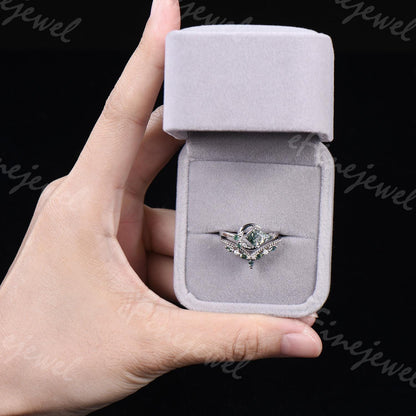 Kite Cut Moss Agate Ring Set: White Gold Moon Engagement Ring