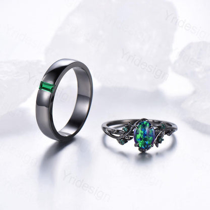 Couples ring set black gold fire opal wedding ring set emerald bridal ring men and women His Hers engagement ring promise anniversary gift - PENFINE