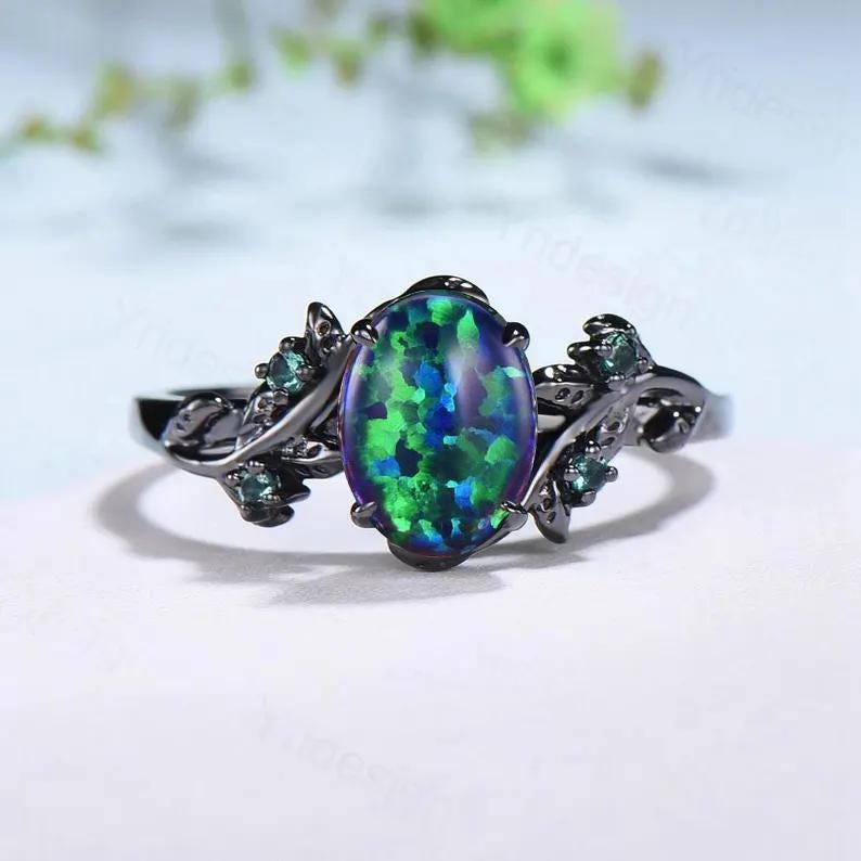 Couples ring set black gold fire opal wedding ring set emerald bridal ring men and women His Hers engagement ring promise anniversary gift - PENFINE