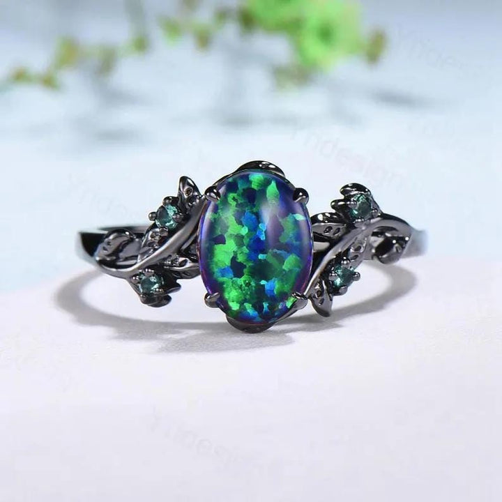 Couples ring set black gold fire opal wedding ring set emerald bridal ring men and women His Hers engagement ring promise anniversary gift - PENFINE