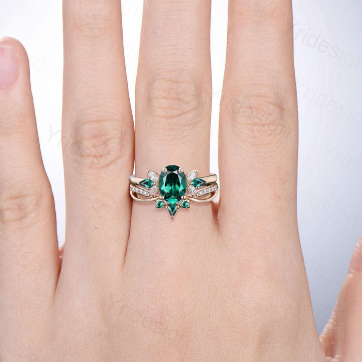 1.5 Carat Oval Emerald Wedding Ring Set, 2pcs May Birthstone Bridal Ring Set, Infinity Lab Emerald Stacking Band Handmade Proposal Gifts Her - PENFINE