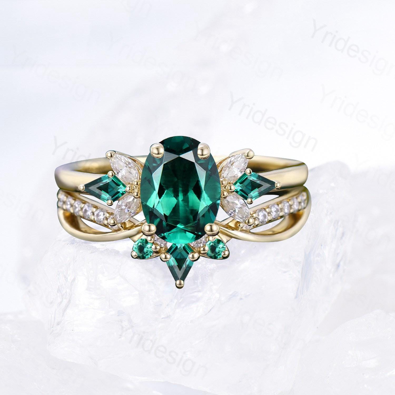 1.5 Carat Oval Emerald Wedding Ring Set, 2pcs May Birthstone Bridal Ring Set, Infinity Lab Emerald Stacking Band Handmade Proposal Gifts Her - PENFINE