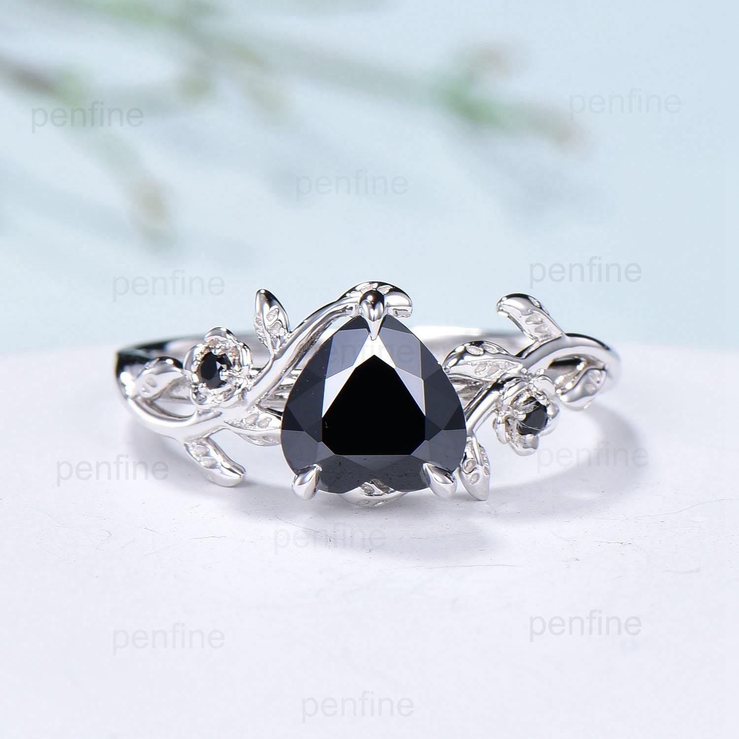 Leaf Twig Heart Shaped Black Moissanite Ring Floral Nature Inspired Engagement Ring Unique Branch Wedding Anniversary Ring Gifts for Women - PENFINE