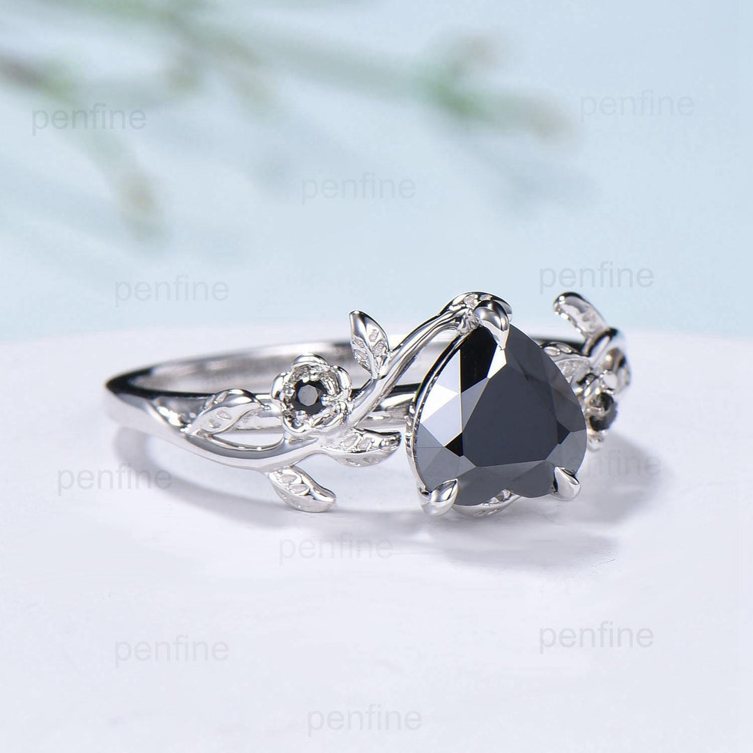 Leaf Twig Heart Shaped Black Moissanite Ring Floral Nature Inspired Engagement Ring Unique Branch Wedding Anniversary Ring Gifts for Women - PENFINE