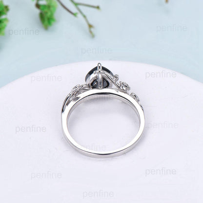 Leaf Twig Heart Shaped Black Moissanite Ring Floral Nature Inspired Engagement Ring Unique Branch Wedding Anniversary Ring Gifts for Women - PENFINE