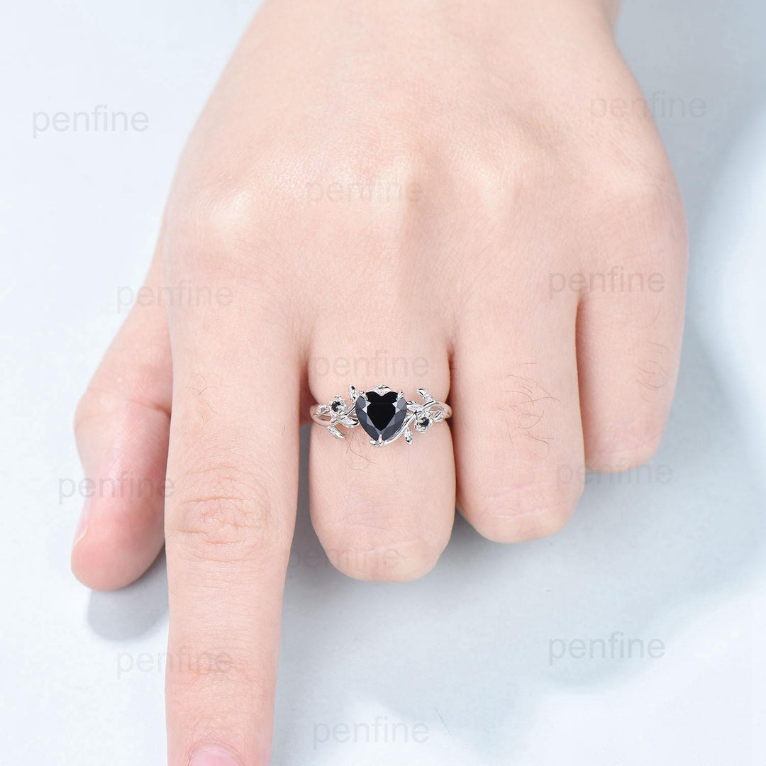 Leaf Twig Heart Shaped Black Moissanite Ring Floral Nature Inspired Engagement Ring Unique Branch Wedding Anniversary Ring Gifts for Women - PENFINE