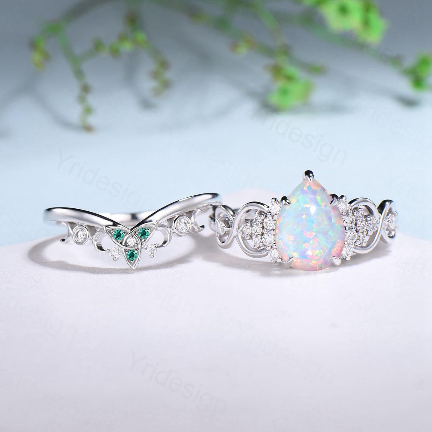 2 carat Pear Shaped White Opal Ring Set, Celtic Love Fire Opal Emerald engagement ring set, Norse Viking Infinity 14K white gold bridal set - PENFINE