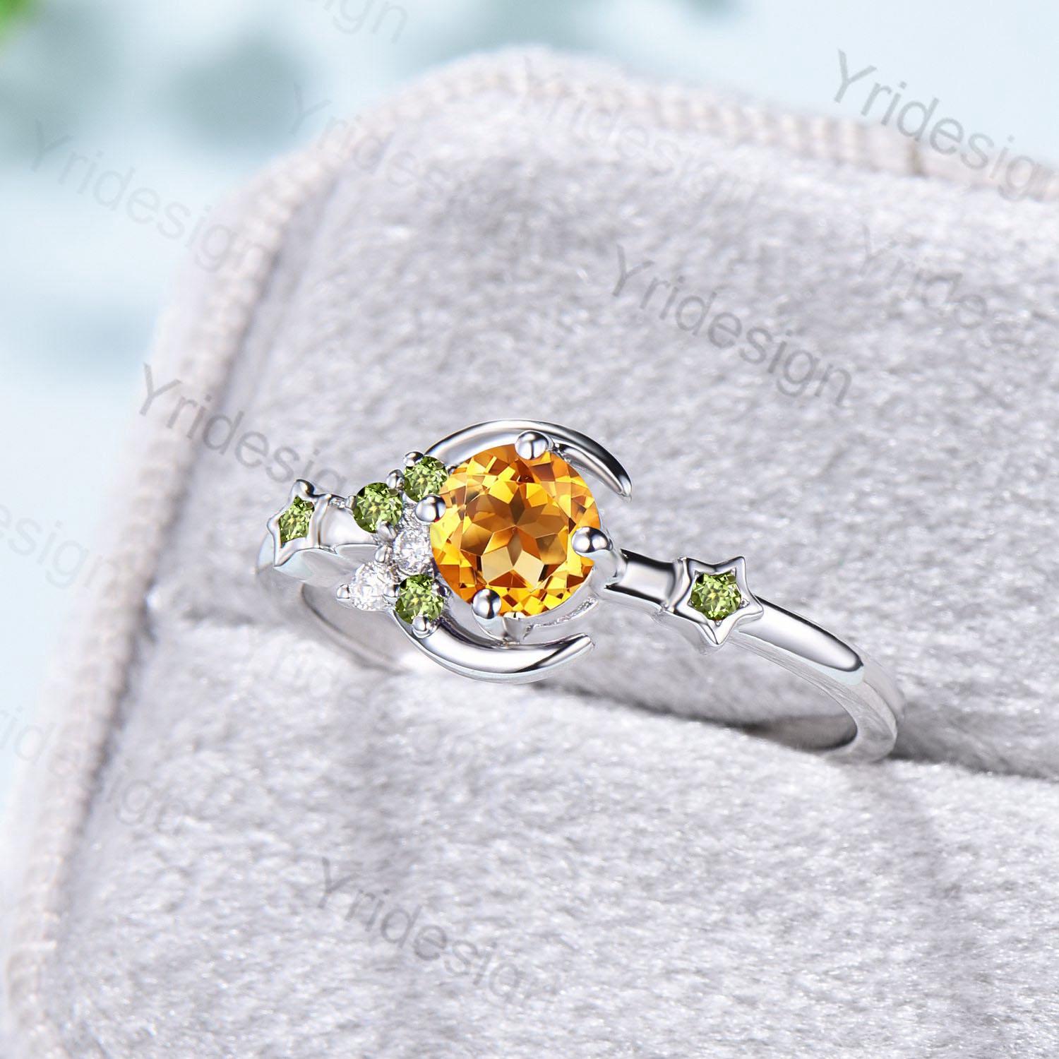 Vintage Peridot Citrine Wedding Ring Women Unique Crescent Moon Birthstone Ring Unique Art Deco Matching Band Anniversary Gift for Daughter - PENFINE