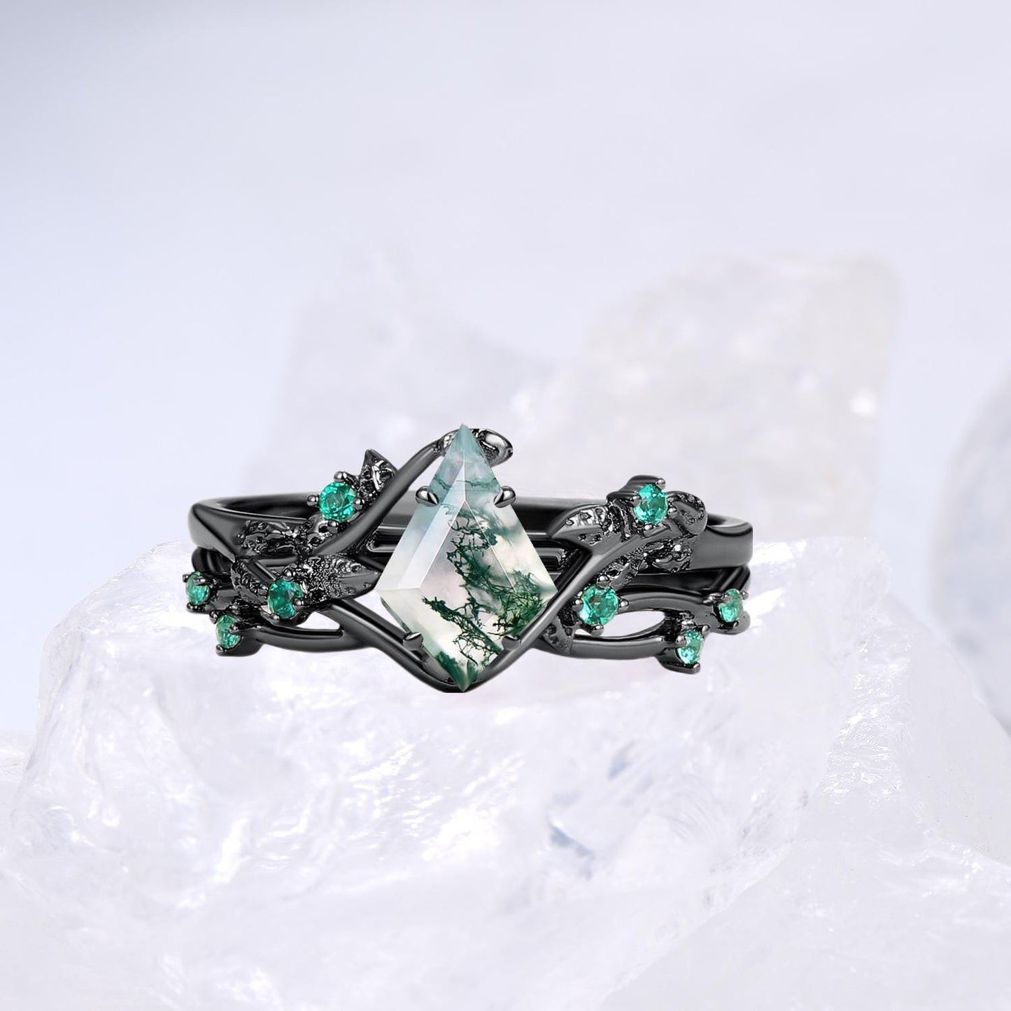 Unique black gold moss agate ring set Nature Inspired kite cut green agate engagement ring cluster emerald eye wedding ring set for women - PENFINE