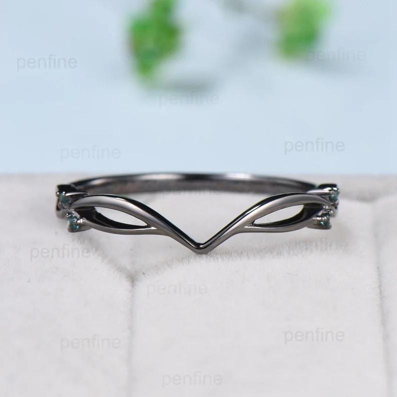 Unique black gold moss agate ring set Nature Inspired kite cut green agate engagement ring cluster emerald eye wedding ring set for women - PENFINE