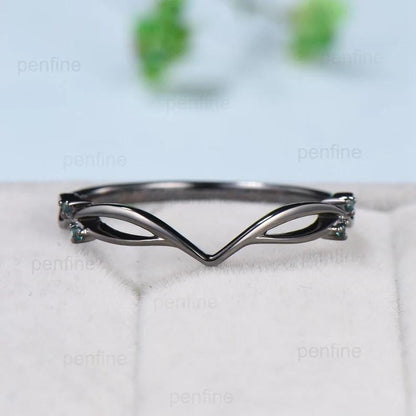 Unique black gold moss agate ring set Nature Inspired kite cut green agate engagement ring cluster emerald eye wedding ring set for women - PENFINE