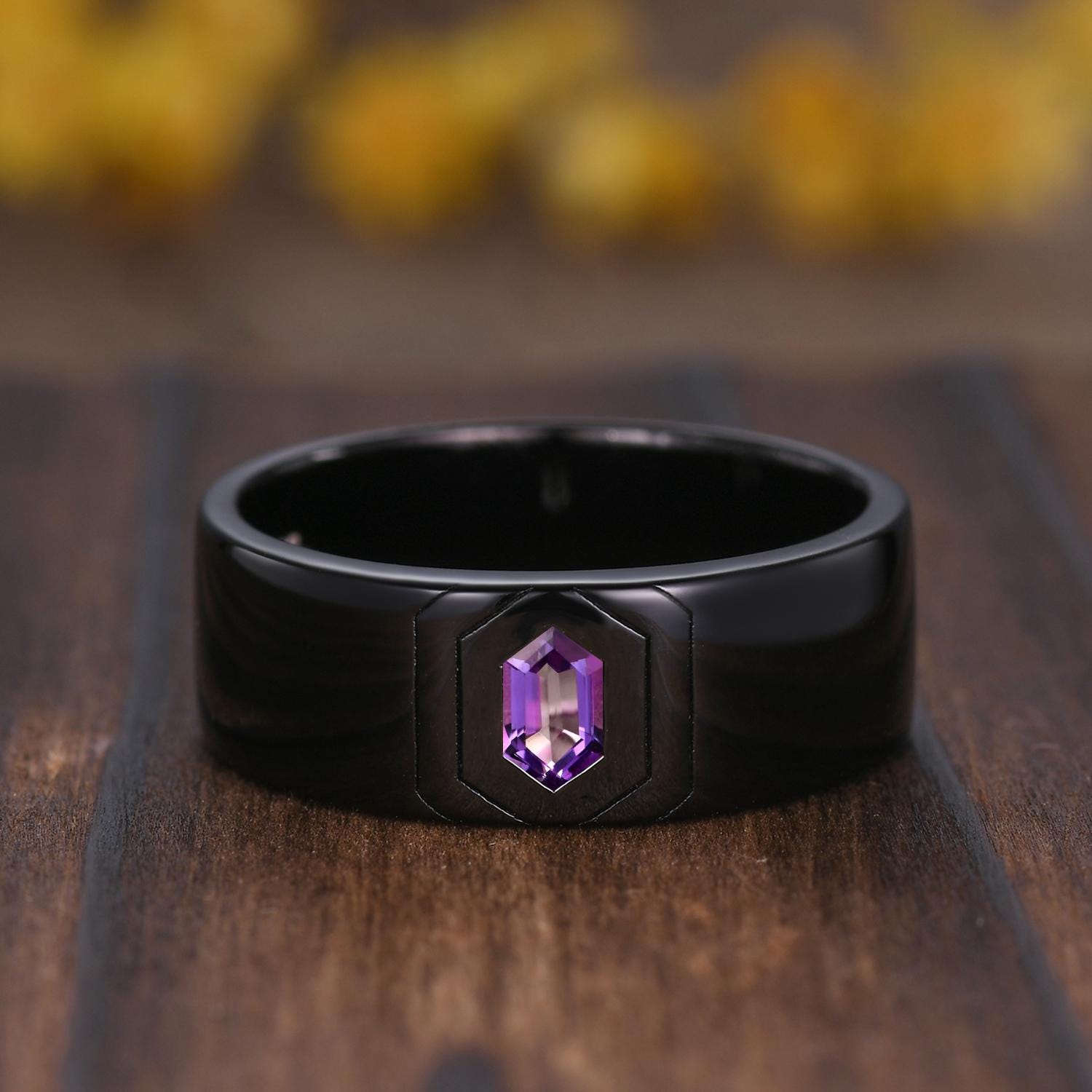 Gothic Hexagon Amethyst Wedding Ring Set: Black Gold Promise Rings
