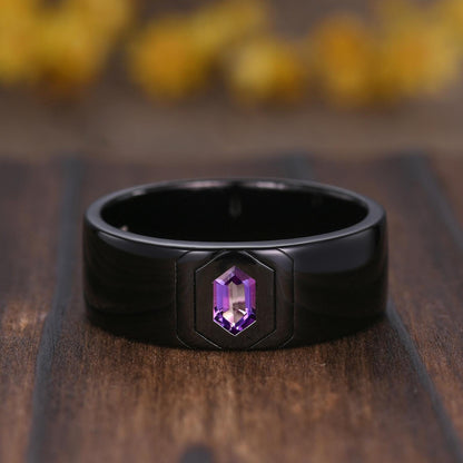 Gothic Hexagon Amethyst Wedding Ring Set: Black Gold Promise Rings
