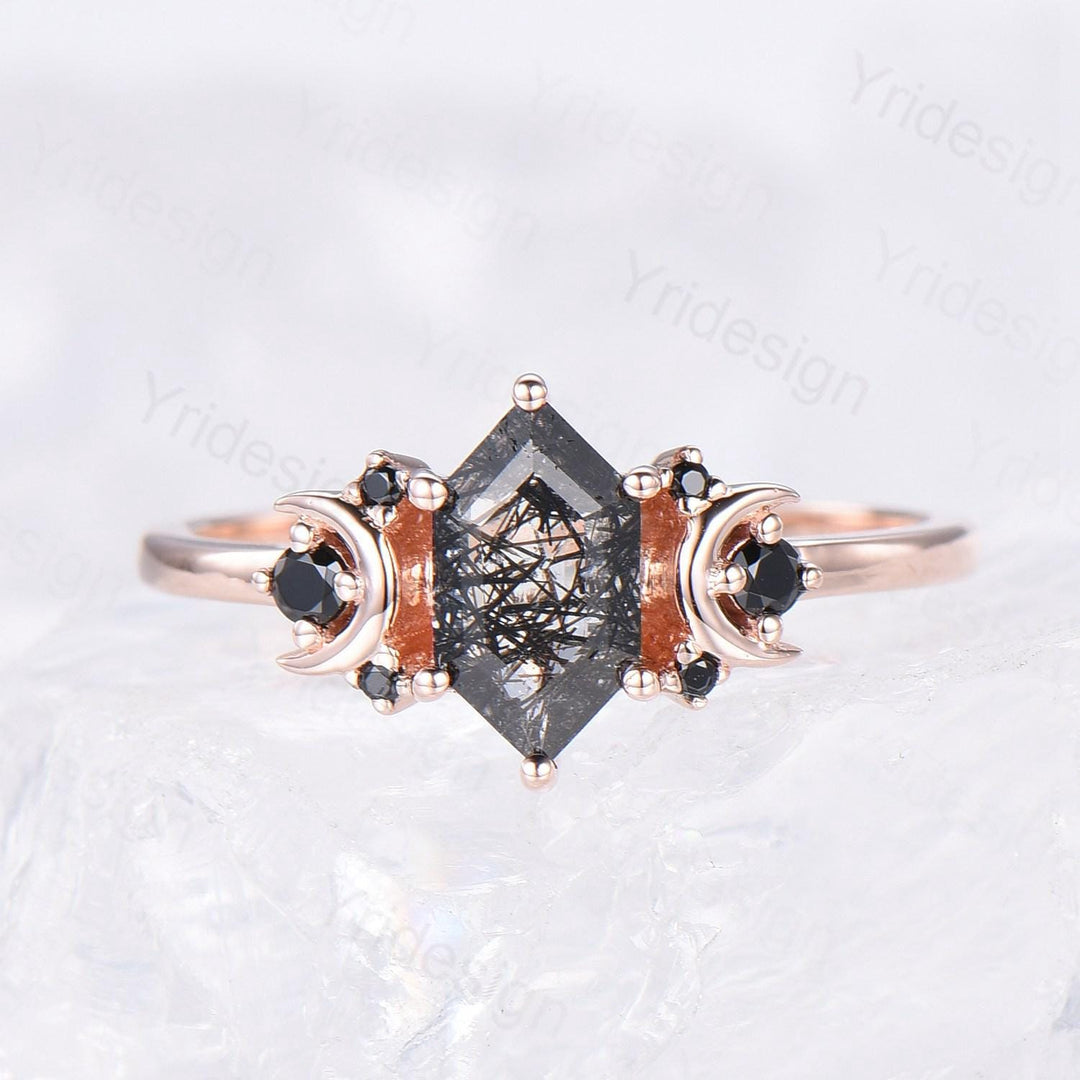 Moon style engagement ring, Long hexagon cut black rutilated quartz ring rose gold cluster black spinel wedding ring, women anniversary gift - PENFINE