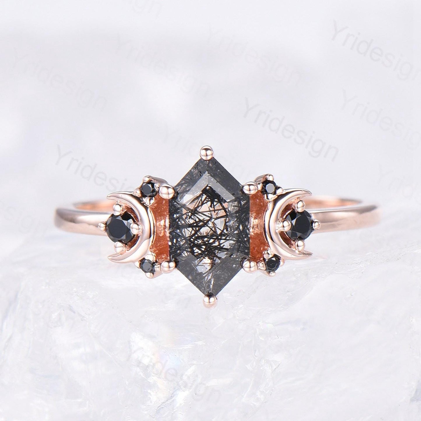 Moon style engagement ring, Long hexagon cut black rutilated quartz ring rose gold cluster black spinel wedding ring, women anniversary gift - PENFINE