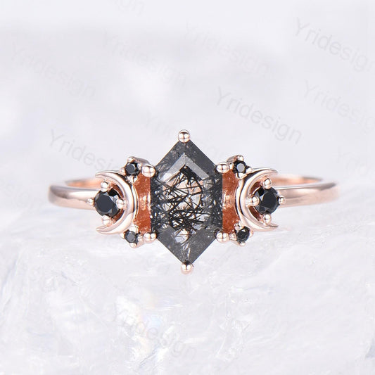 Moon style engagement ring, Long hexagon cut black rutilated quartz ring rose gold cluster black spinel wedding ring, women anniversary gift - PENFINE