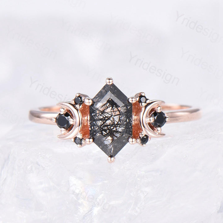 Moon style engagement ring, Long hexagon cut black rutilated quartz ring rose gold cluster black spinel wedding ring, women anniversary gift - PENFINE