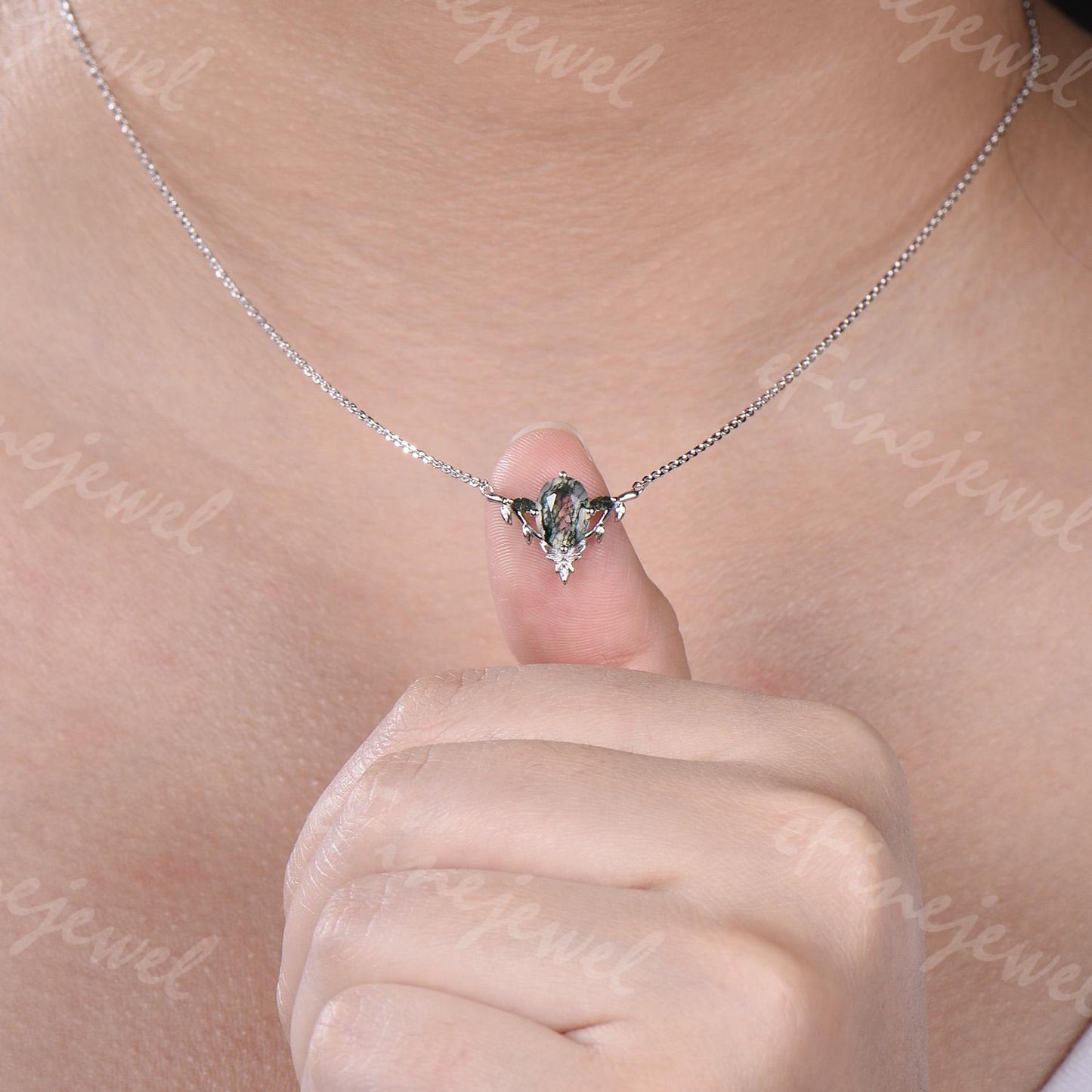 Moss Agate Leaf Vine Pendant Necklace, Nature Inspired
