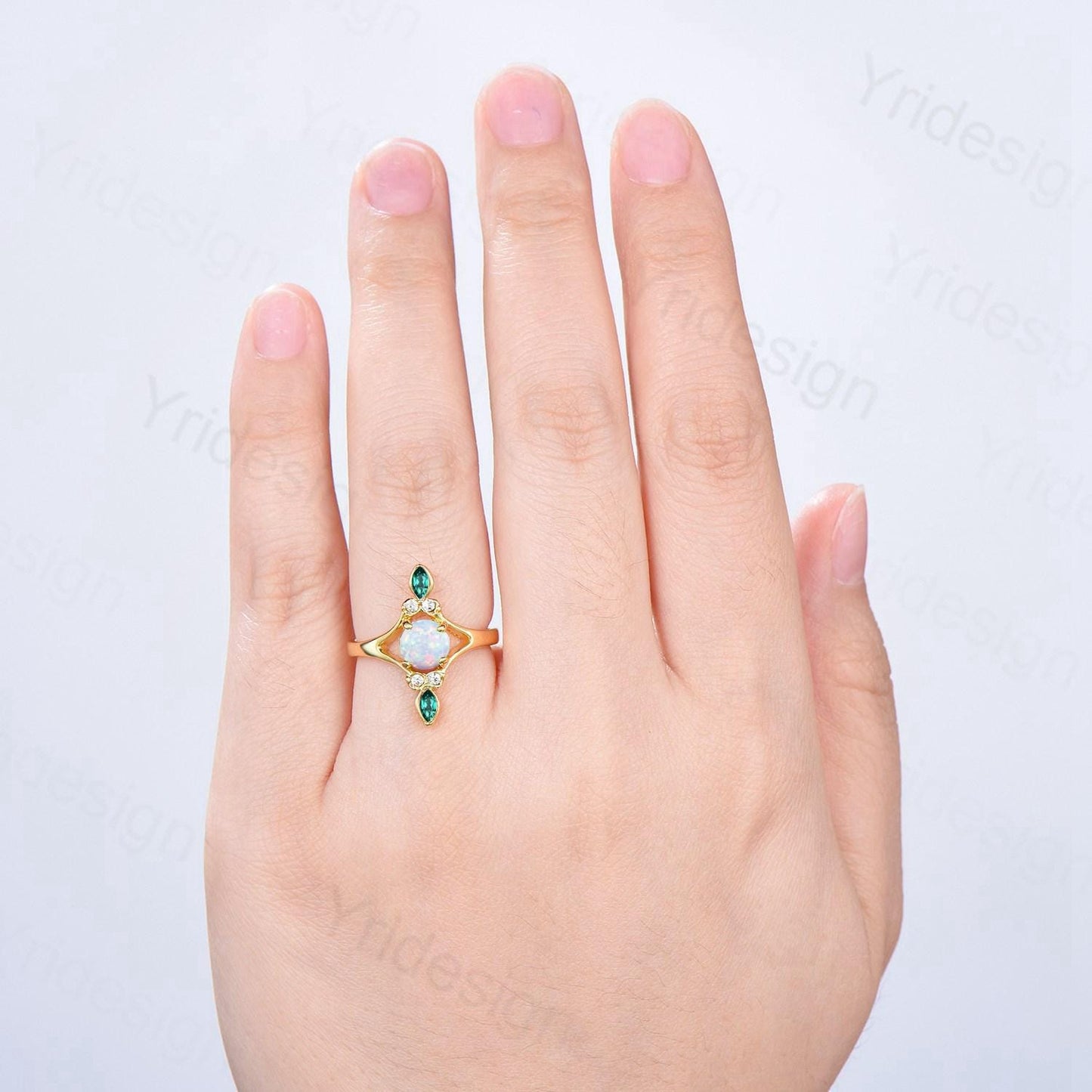 Unique Opal Engagement Ring Vintage White Opal Promise Ring Yellow Gold Marquise Emerald Wedding Bridal Ring Women Handmade Promise Rings - PENFINE