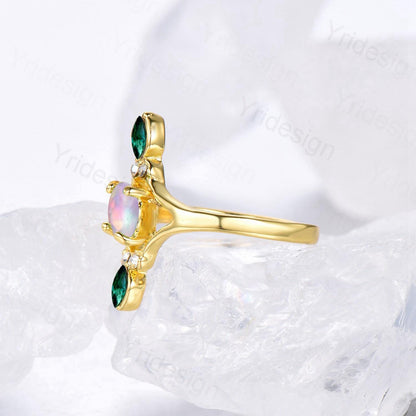 Unique Opal Engagement Ring Vintage White Opal Promise Ring Yellow Gold Marquise Emerald Wedding Bridal Ring Women Handmade Promise Rings - PENFINE