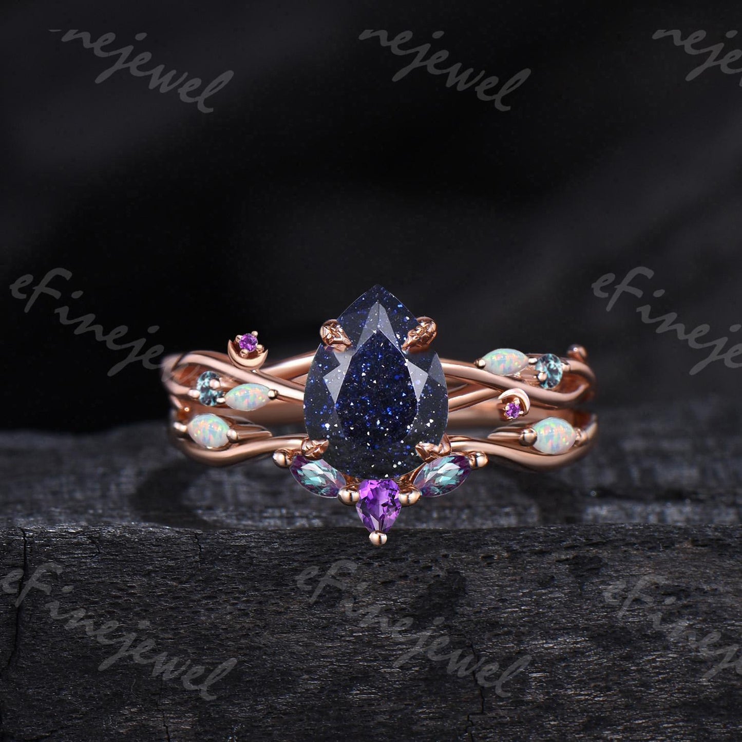 Pear Blue Sandstone Engagement Ring Set, Amethyst Opal Cluster, Gold Moon Wedding - PENFINE