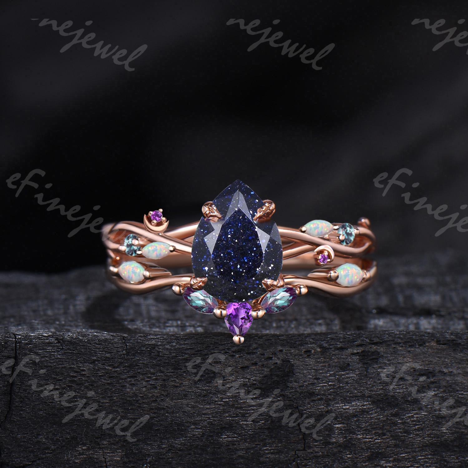 Pear Blue Sandstone Engagement Ring Set, Amethyst Opal Cluster, Gold Moon Wedding - PENFINE
