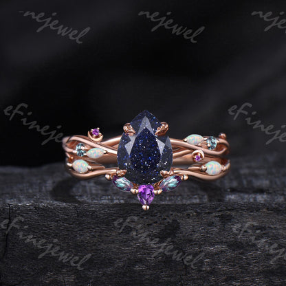 Pear Blue Sandstone Engagement Ring Set, Amethyst Opal Cluster, Gold Moon Wedding - PENFINE