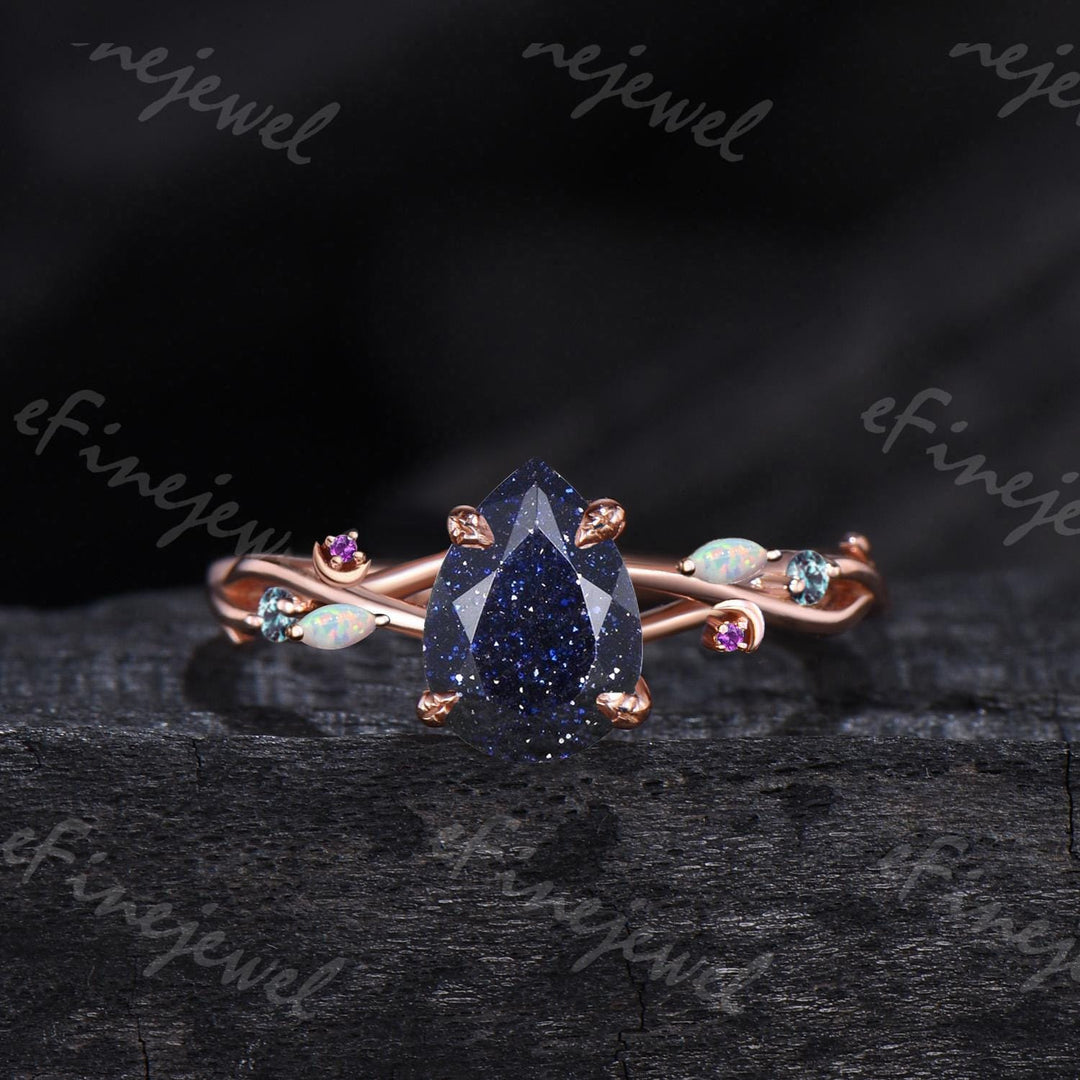 Pear Blue Sandstone Engagement Ring Set, Amethyst Opal Cluster, Gold Moon Wedding - PENFINE