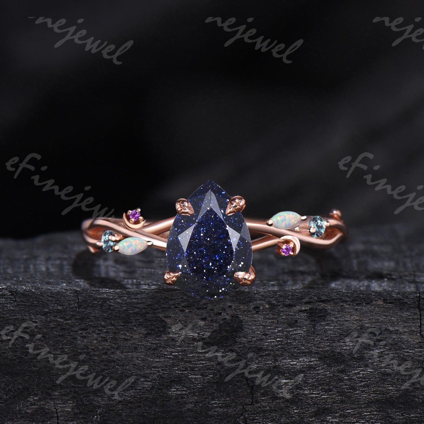 Pear Blue Sandstone Engagement Ring Set, Amethyst Opal Cluster, Gold Moon Wedding - PENFINE