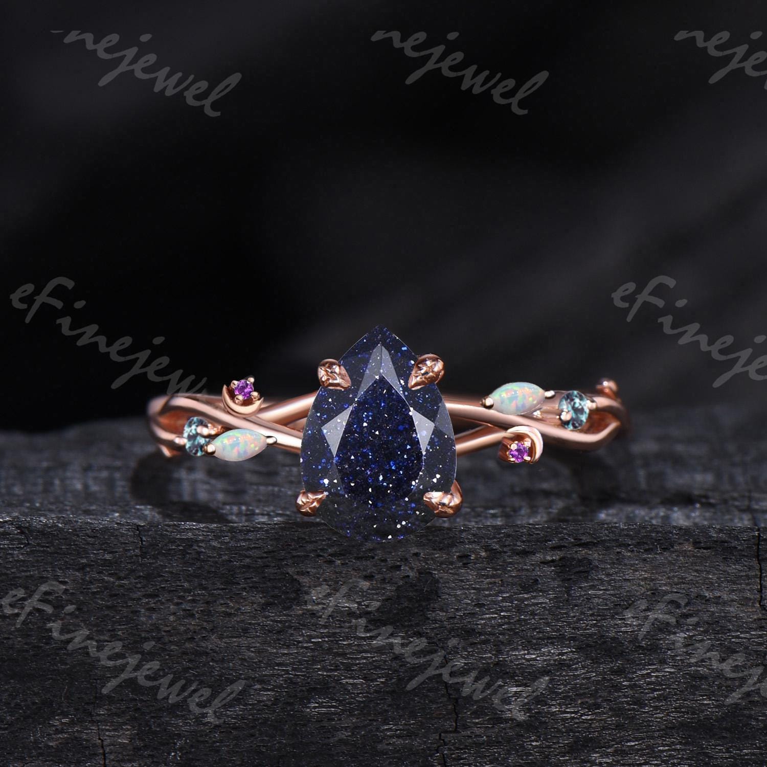 Pear Blue Sandstone Engagement Ring Set, Amethyst Opal Cluster, Gold Moon Wedding - PENFINE