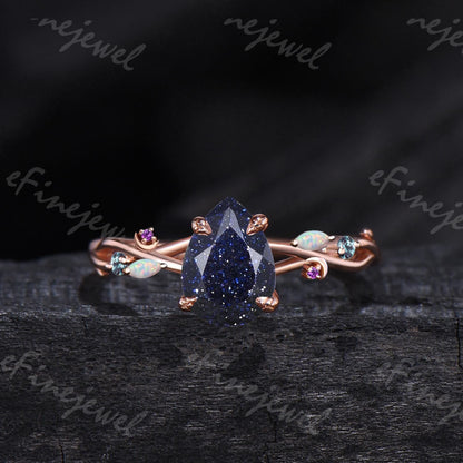 Pear Blue Sandstone Engagement Ring Set, Amethyst Opal Cluster, Gold Moon Wedding - PENFINE