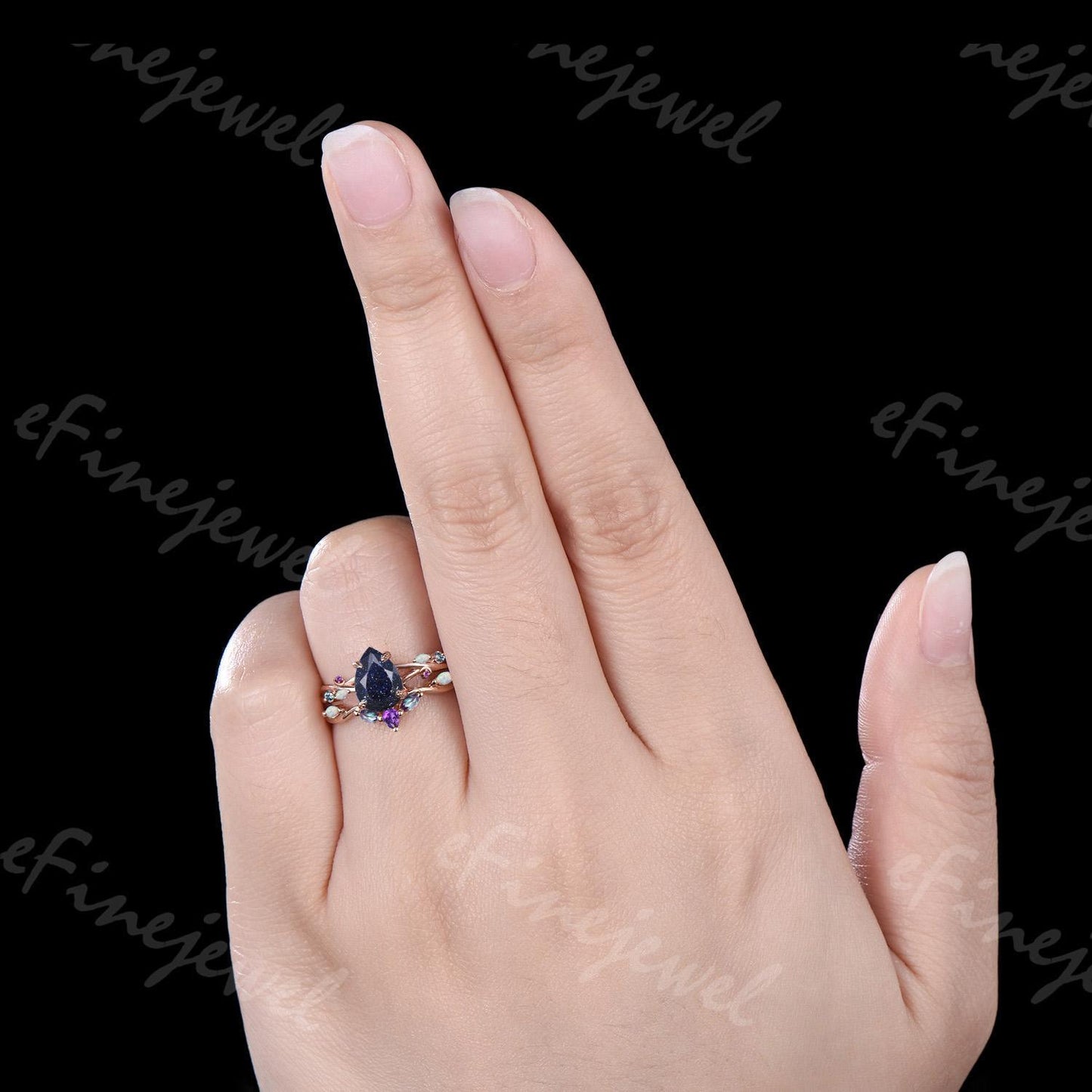 Pear Blue Sandstone Engagement Ring Set, Amethyst Opal Cluster, Gold Moon Wedding - PENFINE