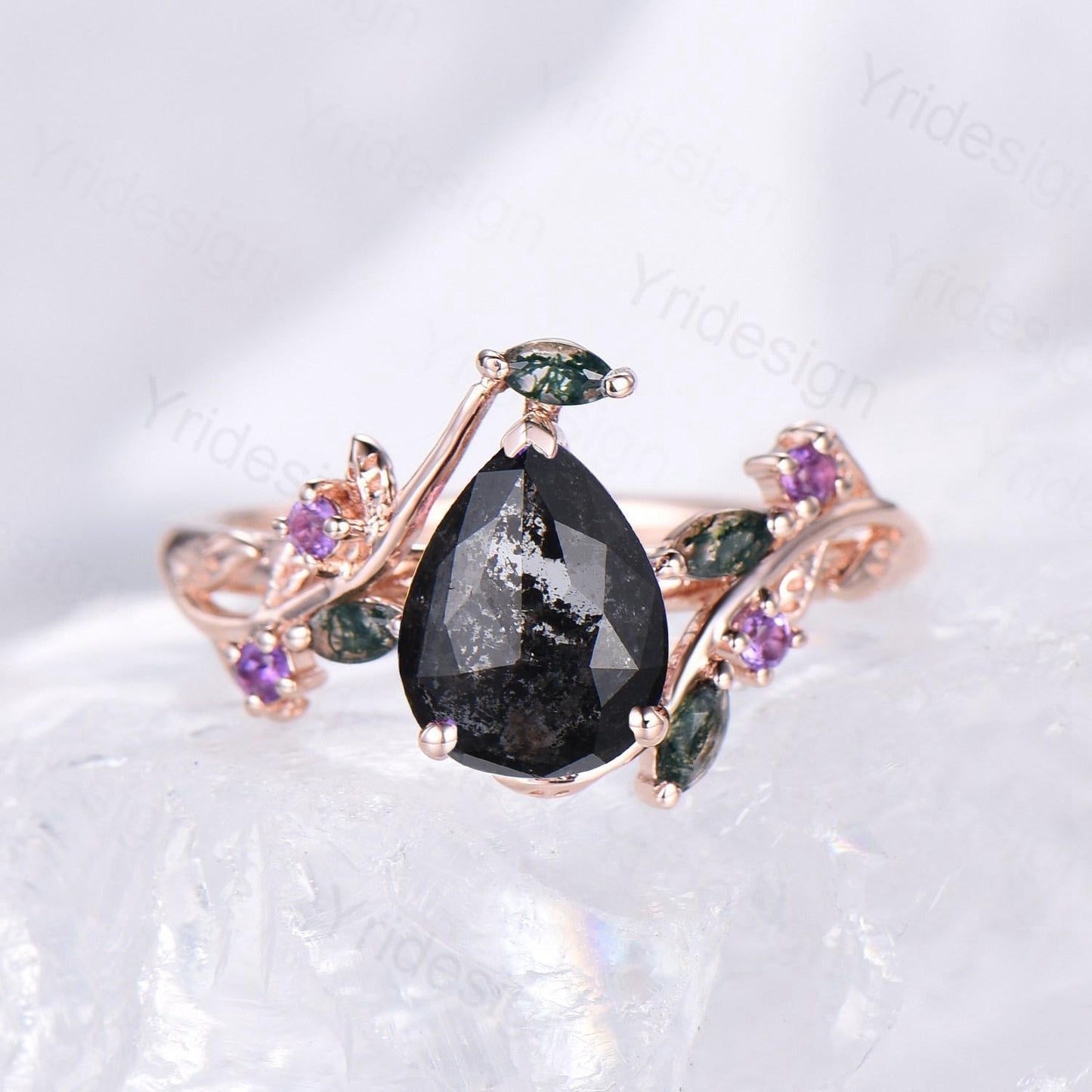 Natural inspired  Flower Salt And Pepper Diamond Ring Twig Vine Pear Shaped Engagement Ring Leaf Amethyst marquise moss agate Wedding Ring - PENFINE