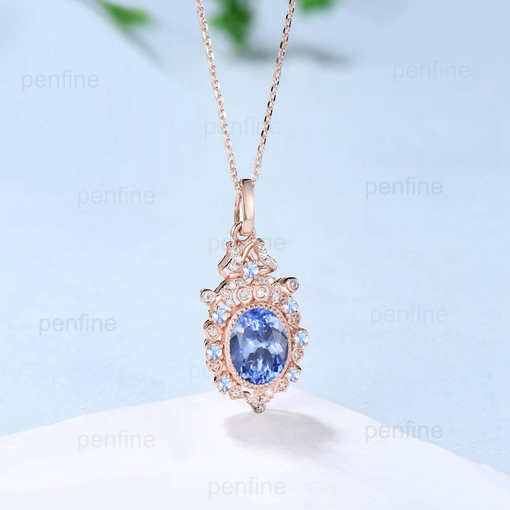 Vintage Natural Oval Tanzanite Pendant Necklace Retro Halo Moonstone Necklace Floral Flower Pendant Unique Birthstone Anniversary gift Women - PENFINE