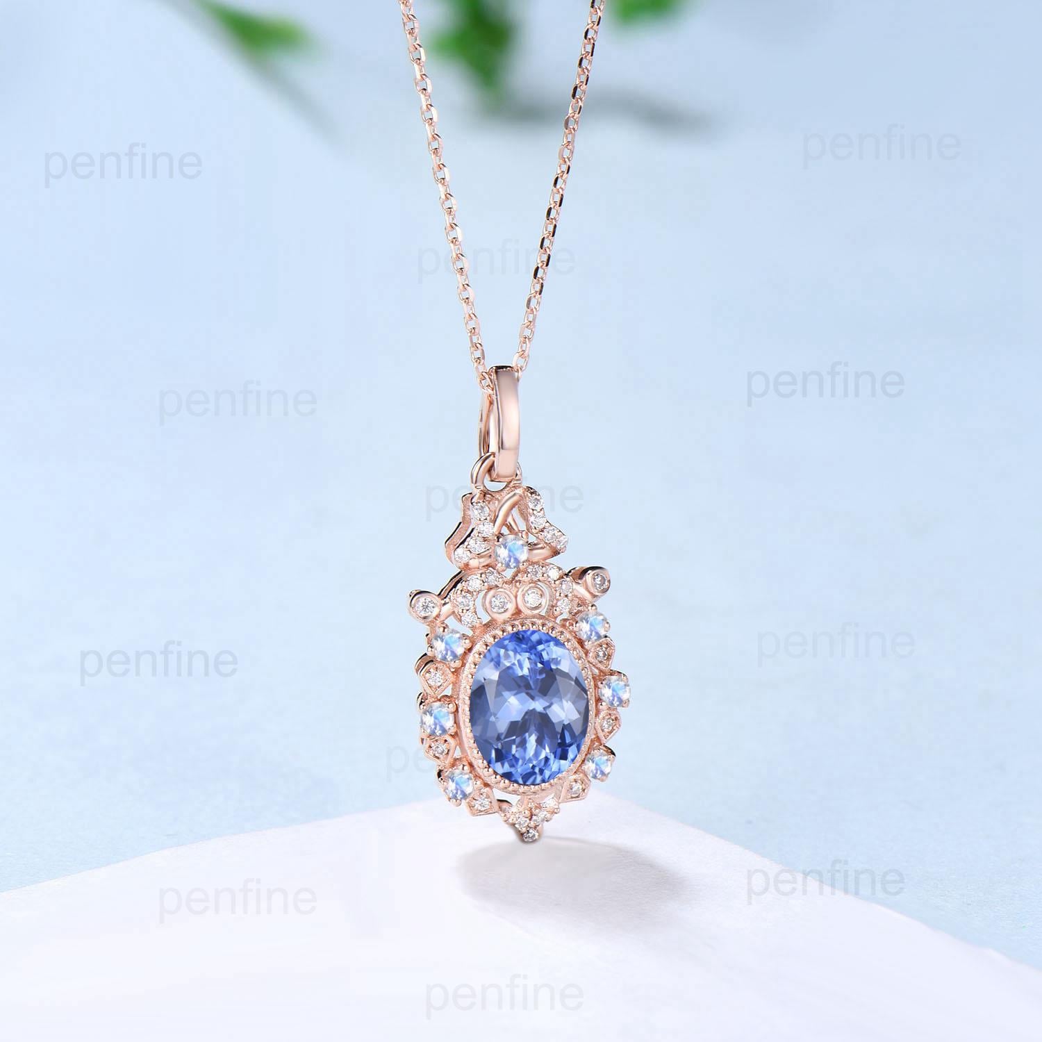 Vintage Natural Oval Tanzanite Pendant Necklace Retro Halo Moonstone Necklace Floral Flower Pendant Unique Birthstone Anniversary gift Women - PENFINE