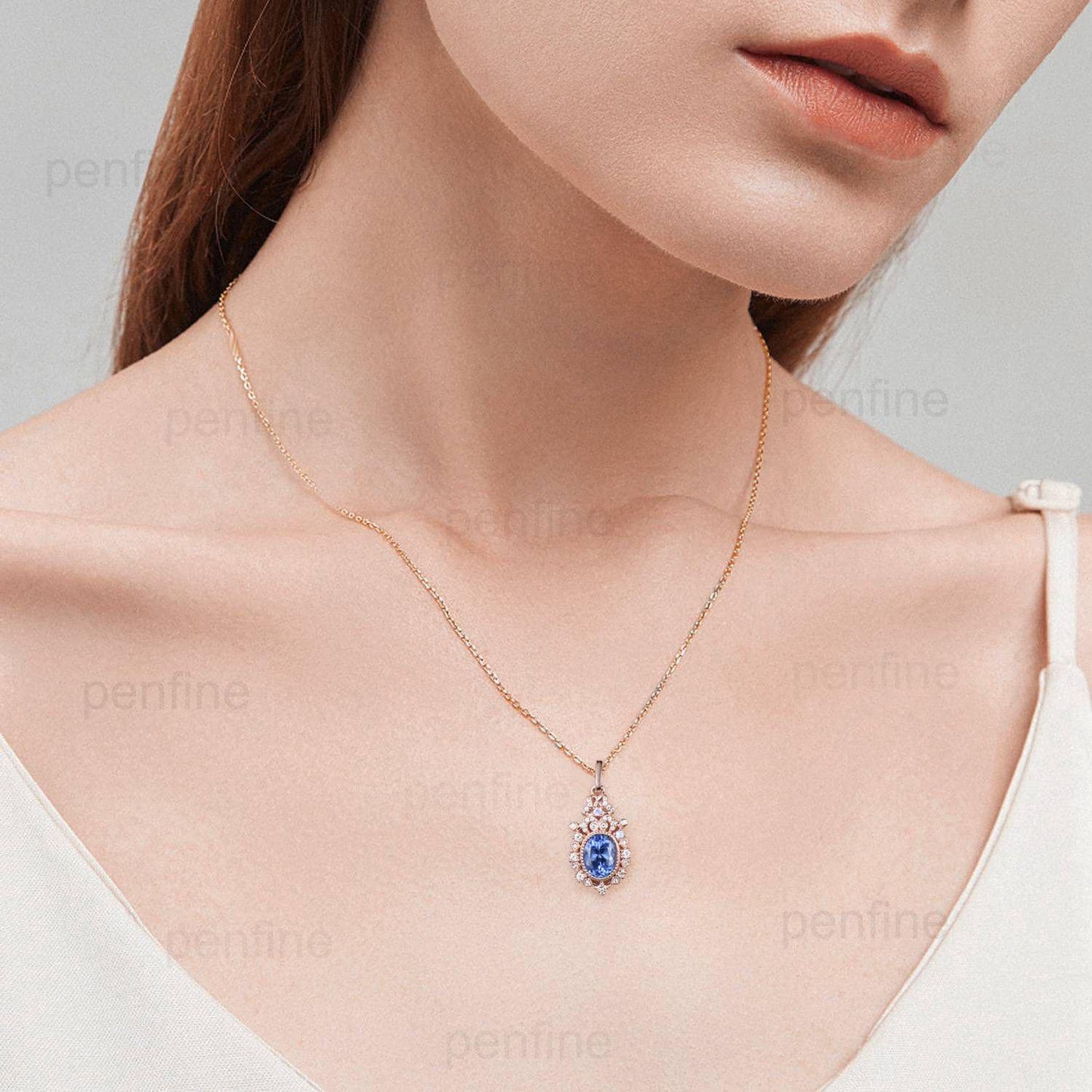 Vintage Natural Oval Tanzanite Pendant Necklace Retro Halo Moonstone Necklace Floral Flower Pendant Unique Birthstone Anniversary gift Women - PENFINE