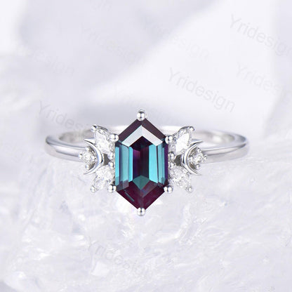 Dainty long hexagon alexandrite engagement ring crescent moon color change alexandrite diamond wedding ring June birthstone anniversary gift - PENFINE