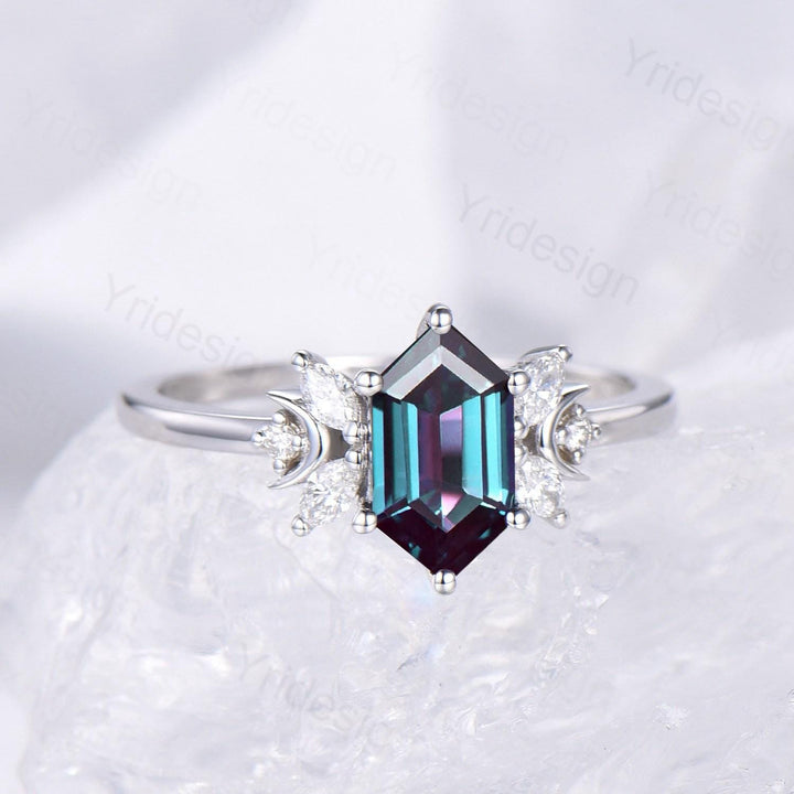 Dainty long hexagon alexandrite engagement ring crescent moon color change alexandrite diamond wedding ring June birthstone anniversary gift - PENFINE