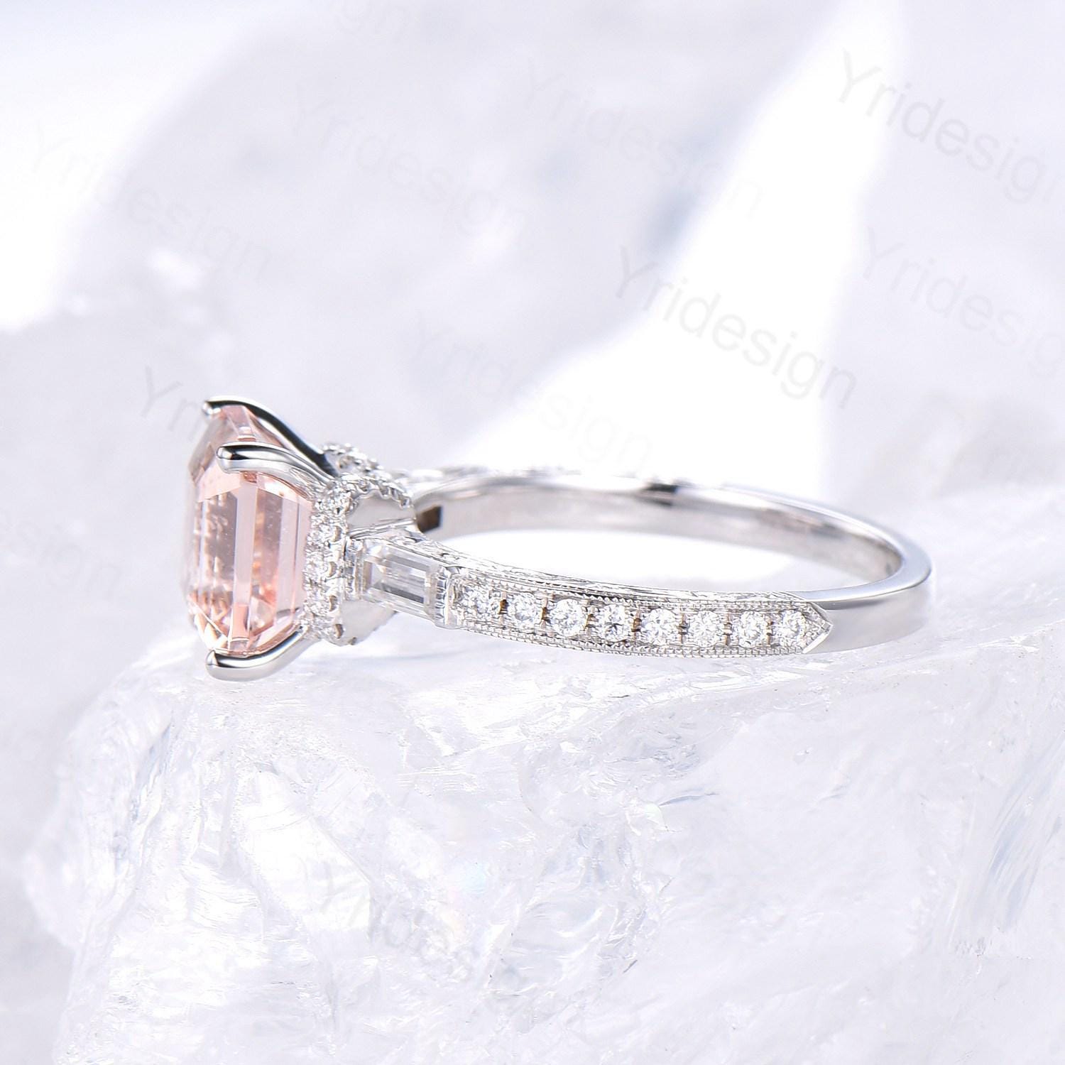 Unique asscher cut morganite engagement ring art deco hidden halo baguette diamond wedding band 14k white gold milgrain anniversary ring her - PENFINE