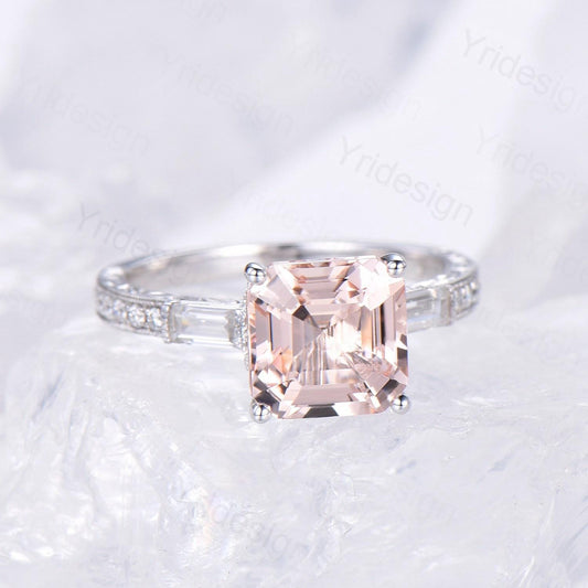 Unique asscher cut morganite engagement ring art deco hidden halo baguette diamond wedding band 14k white gold milgrain anniversary ring her - PENFINE