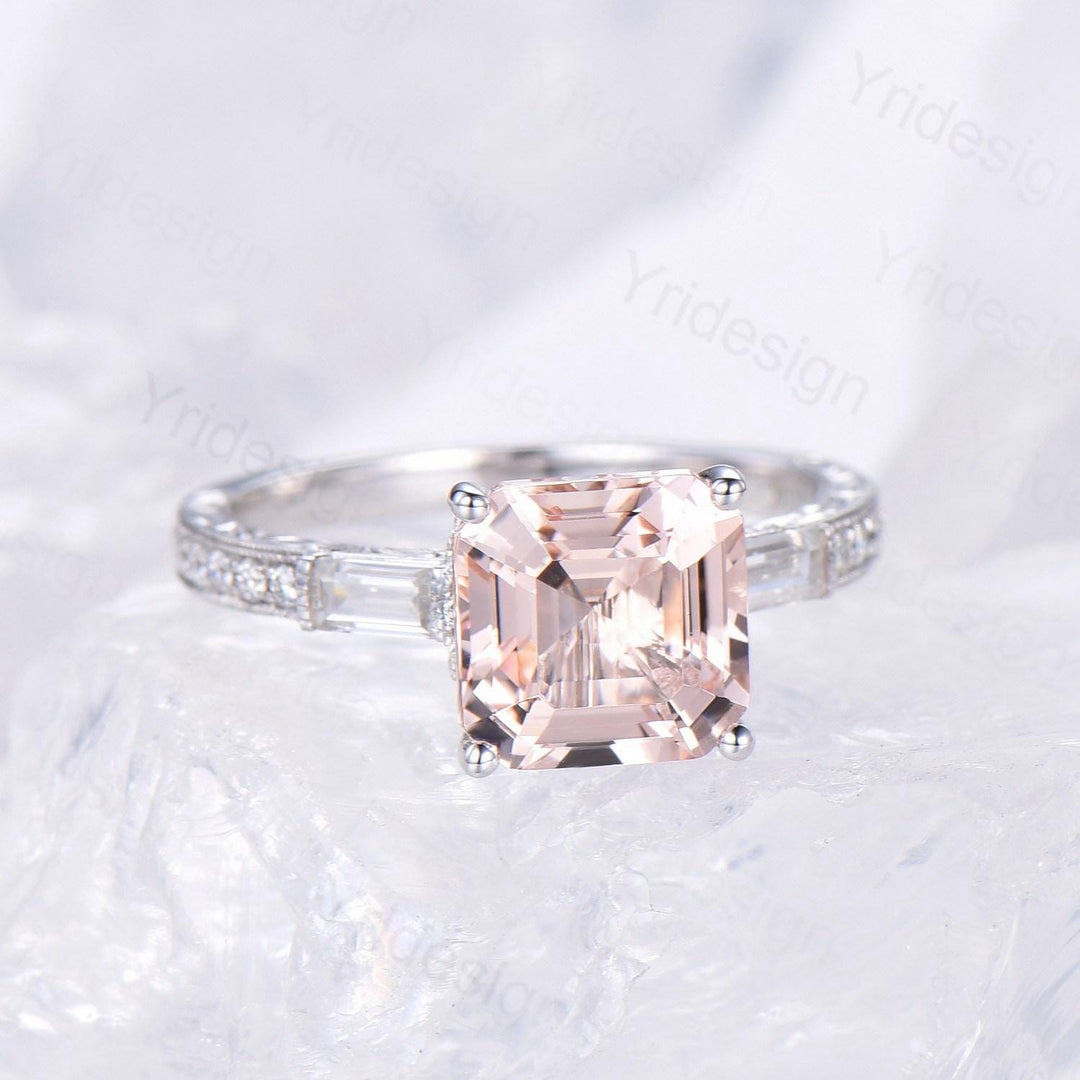 Unique asscher cut morganite engagement ring art deco hidden halo baguette diamond wedding band 14k white gold milgrain anniversary ring her - PENFINE