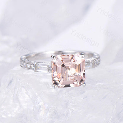 Unique asscher cut morganite engagement ring art deco hidden halo baguette diamond wedding band 14k white gold milgrain anniversary ring her - PENFINE