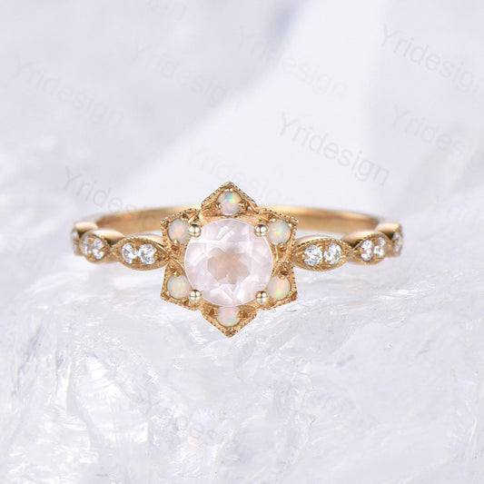Floral Natural Rose Quartz Ring Vintage Sunflower Halo Opal Pink Crystal Engagement Ring Art Deco MIlgrain Wedding Band Anniversary Gift - PENFINE
